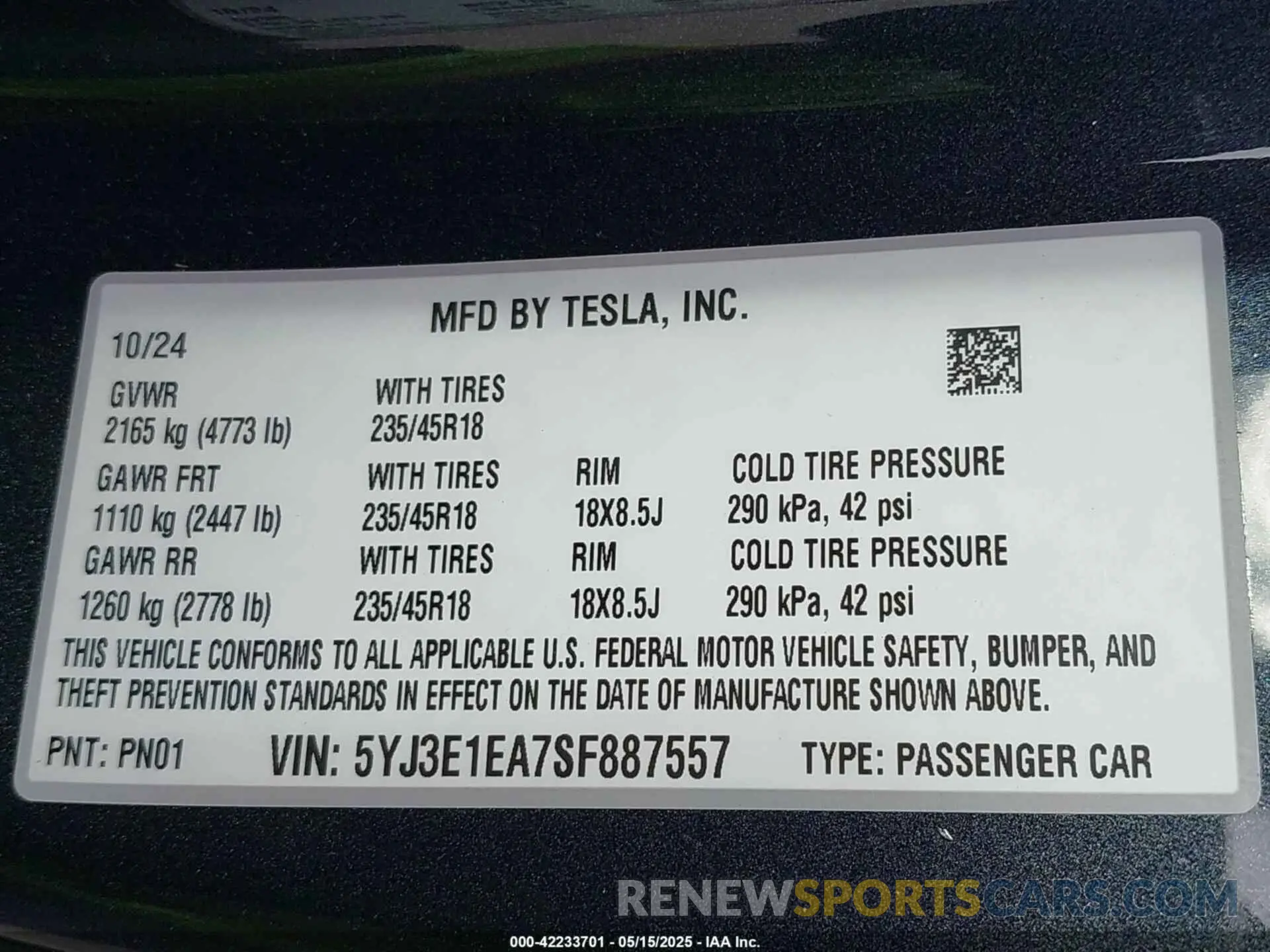 9 Photograph of a damaged car 5YJ3E1EA7SF887557 TESLA MODEL 3 2025