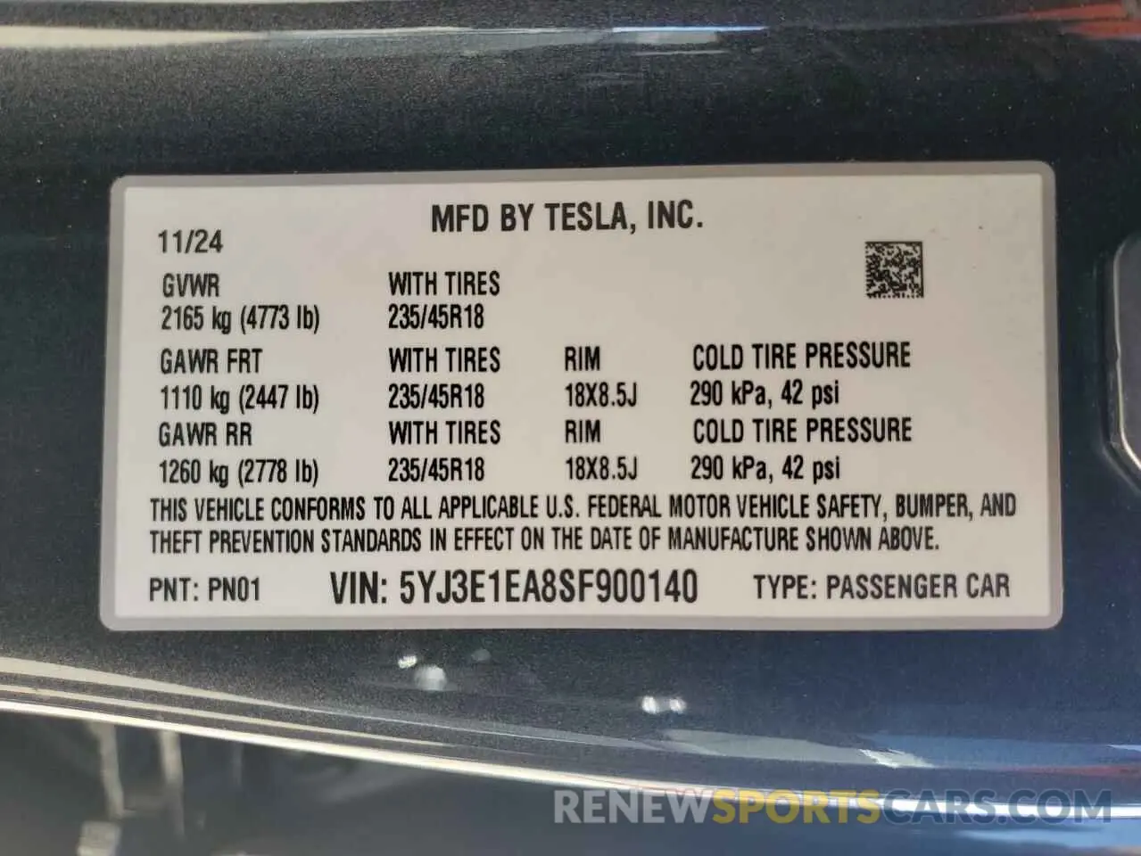 13 Photograph of a damaged car 5YJ3E1EA8SF900140 TESLA MODEL 3 2025