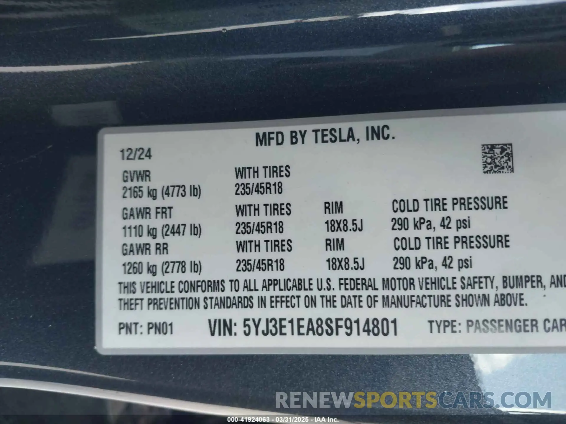 9 Photograph of a damaged car 5YJ3E1EA8SF914801 TESLA MODEL 3 2025