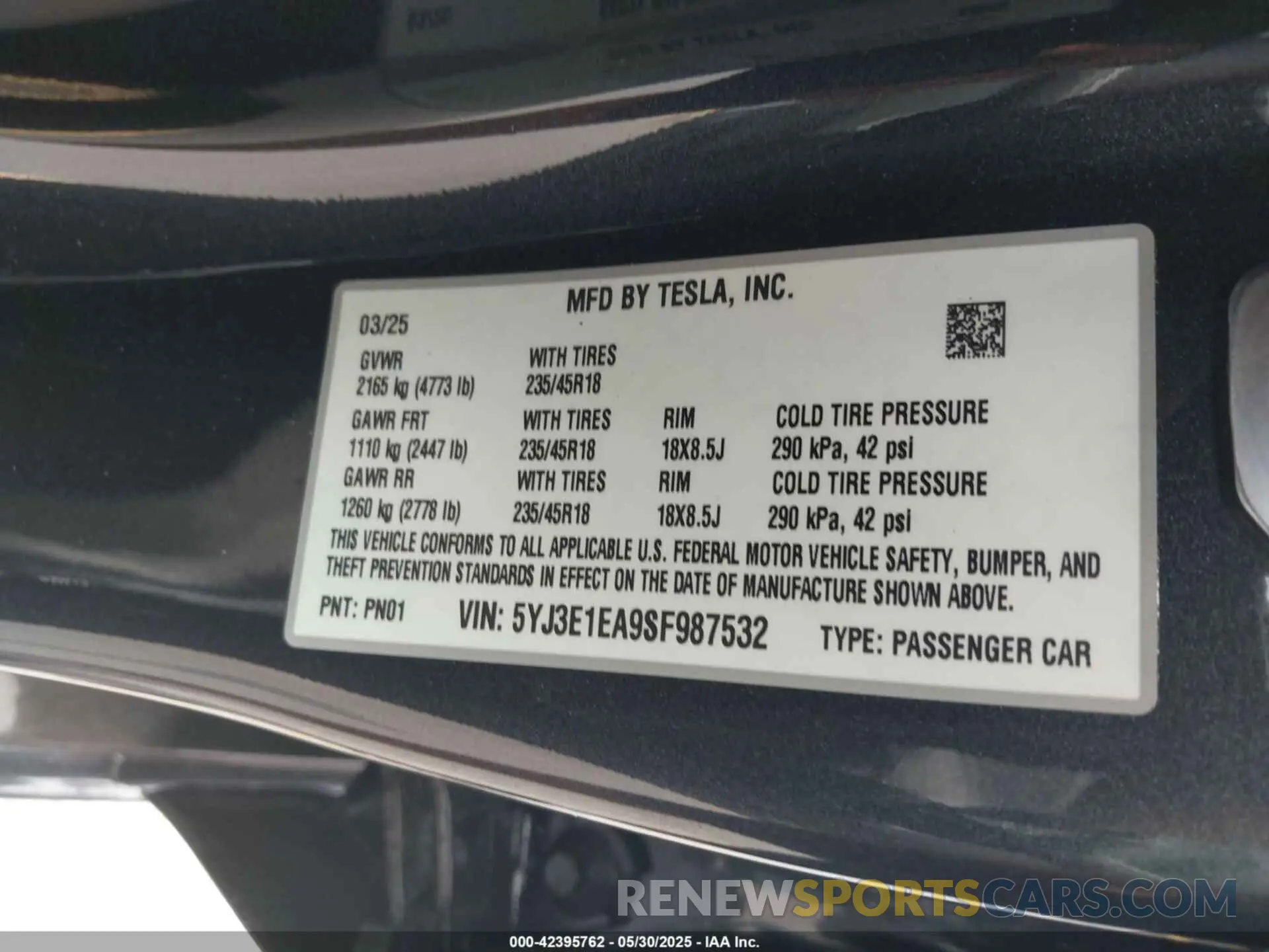 9 Photograph of a damaged car 5YJ3E1EA9SF987532 TESLA MODEL 3 2025