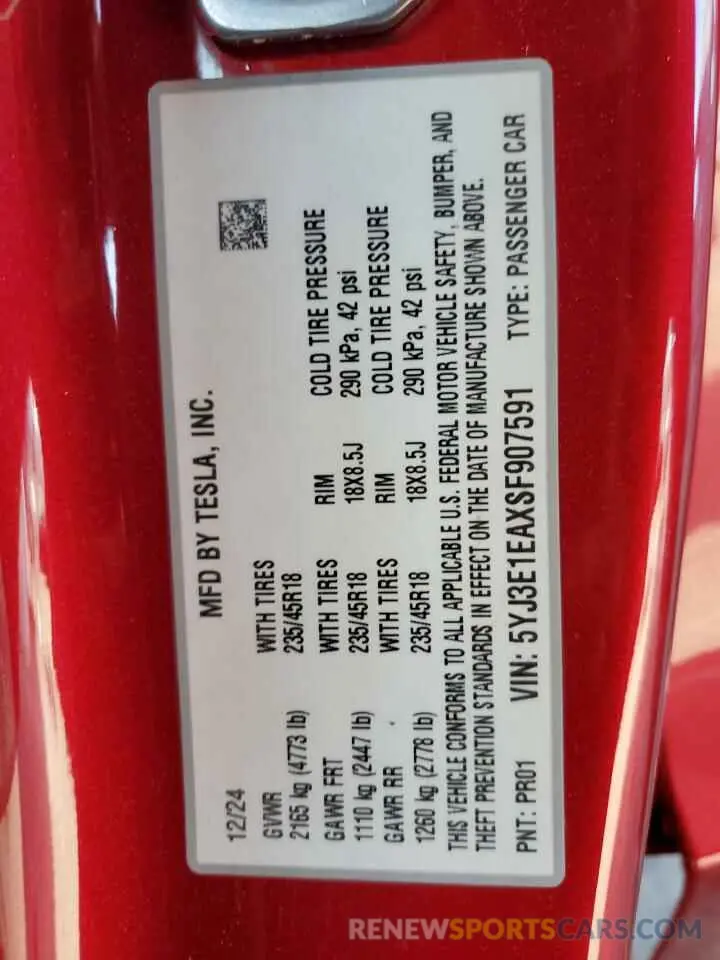 13 Photograph of a damaged car 5YJ3E1EAXSF907591 TESLA MODEL 3 2025