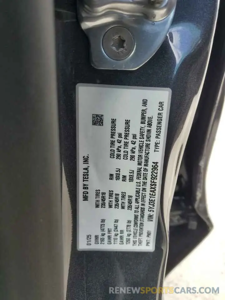 13 Photograph of a damaged car 5YJ3E1EAXSF922964 TESLA MODEL 3 2025