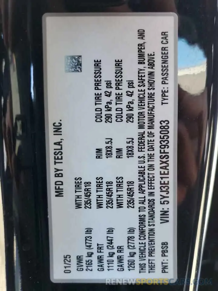 12 Photograph of a damaged car 5YJ3E1EAXSF935083 TESLA MODEL 3 2025