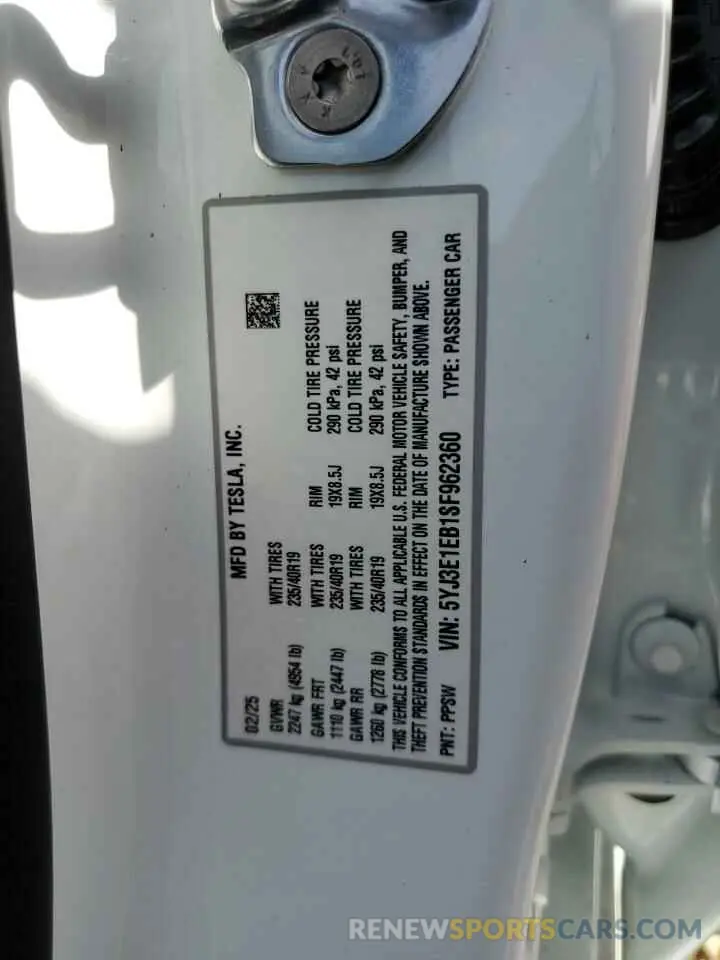 12 Photograph of a damaged car 5YJ3E1EB1SF962360 TESLA MODEL 3 2025