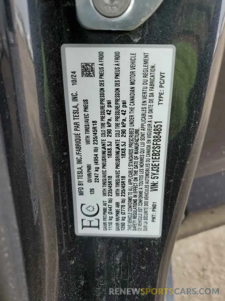 13 Photograph of a damaged car 5YJ3E1EB2SF884851 TESLA MODEL 3 2025