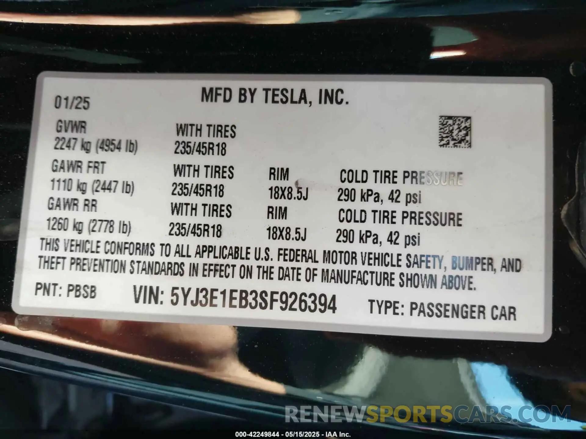 9 Photograph of a damaged car 5YJ3E1EB3SF926394 TESLA MODEL 3 2025