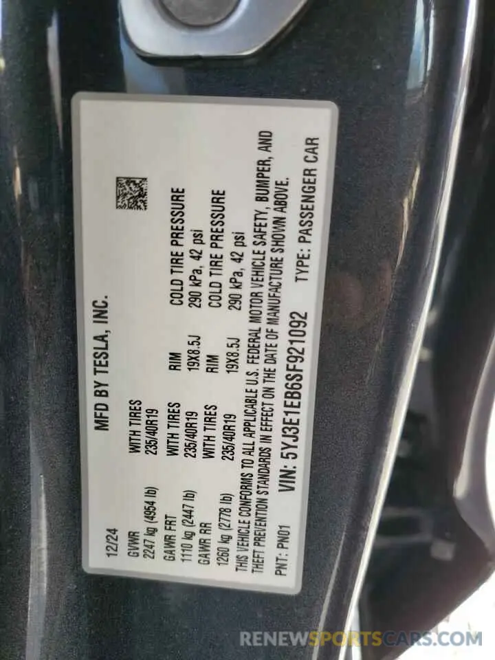 12 Photograph of a damaged car 5YJ3E1EB6SF921092 TESLA MODEL 3 2025