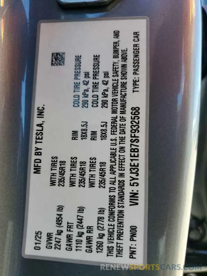 15 Photograph of a damaged car 5YJ3E1EB7SF932568 TESLA MODEL 3 2025