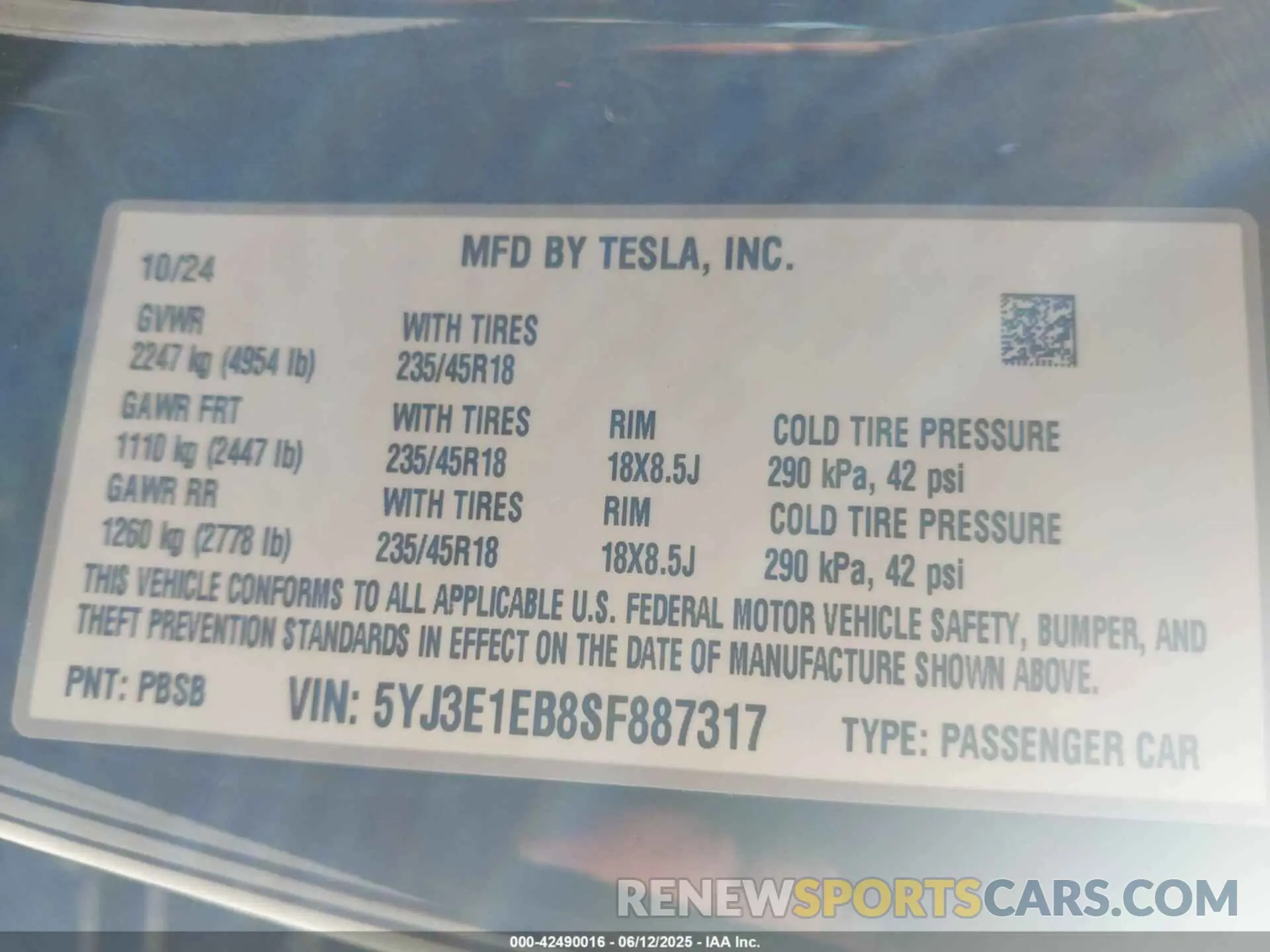 9 Photograph of a damaged car 5YJ3E1EB8SF887317 TESLA MODEL 3 2025