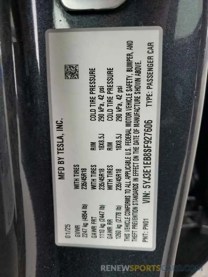 15 Photograph of a damaged car 5YJ3E1EB8SF927606 TESLA MODEL 3 2025