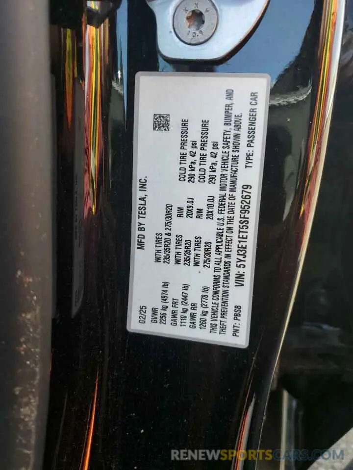 12 Photograph of a damaged car 5YJ3E1ET5SF952679 TESLA MODEL 3 2025