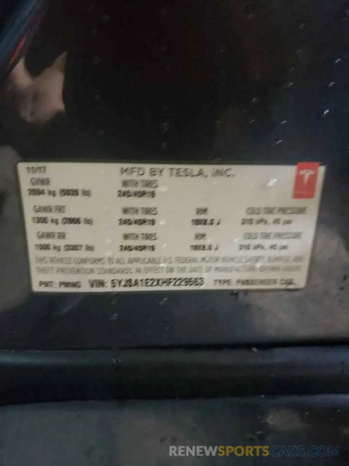 12 Photograph of a damaged car 5YJSA1E2XHF229563 TESLA MODEL S 2017