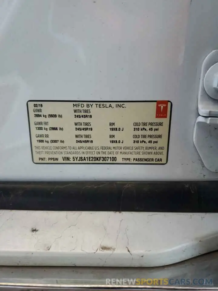 13 Photograph of a damaged car 5YJSA1E20KF307100 TESLA MODEL S 2019