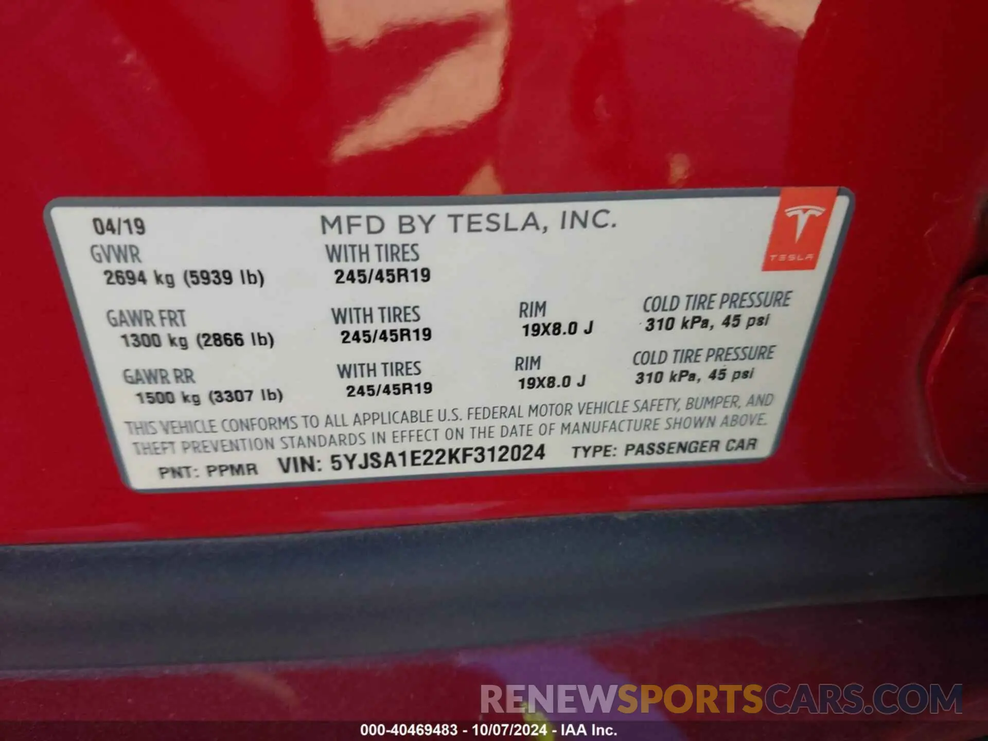9 Photograph of a damaged car 5YJSA1E22KF312024 TESLA MODEL S 2019
