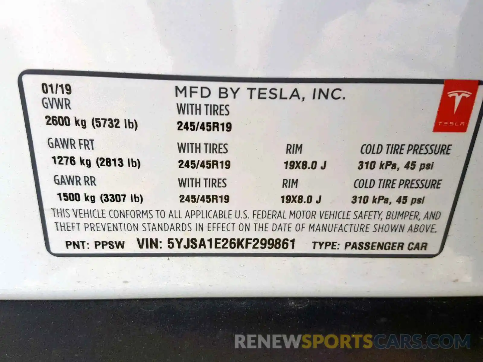 10 Photograph of a damaged car 5YJSA1E26KF299861 TESLA MODEL S 2019