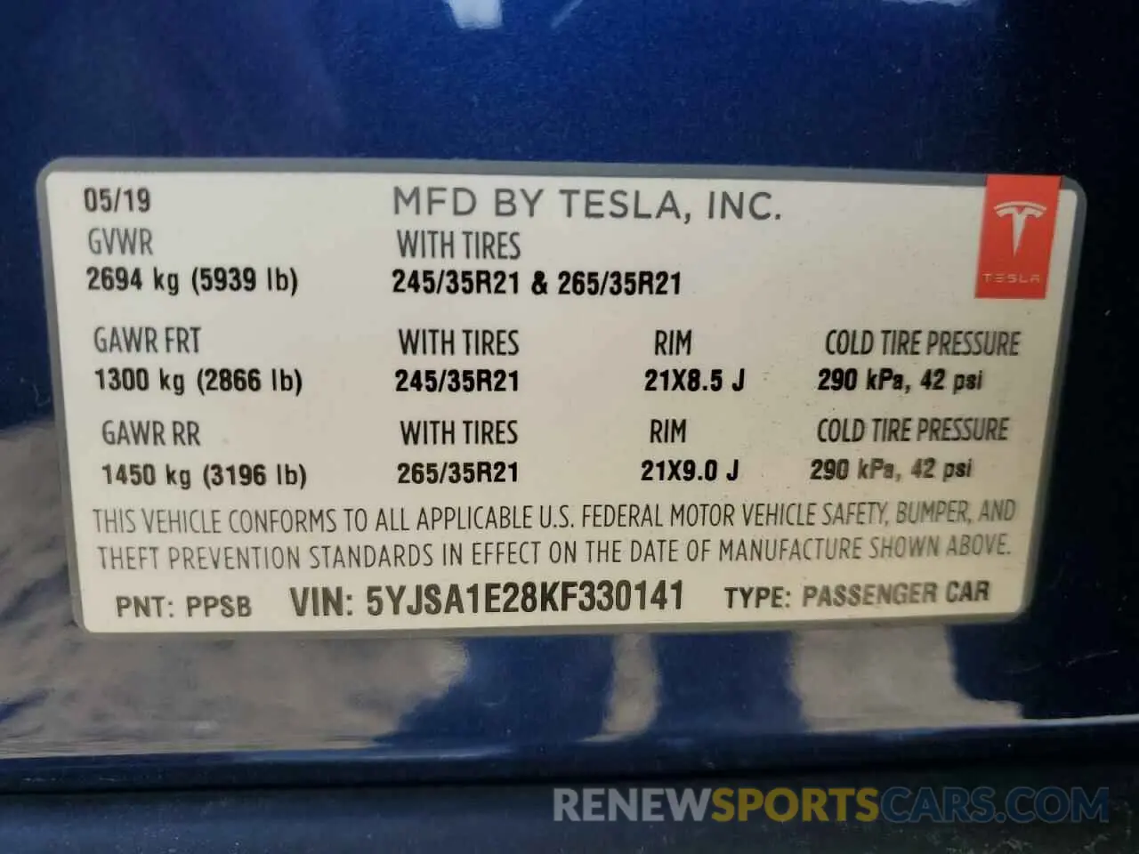 12 Photograph of a damaged car 5YJSA1E28KF330141 TESLA MODEL S 2019