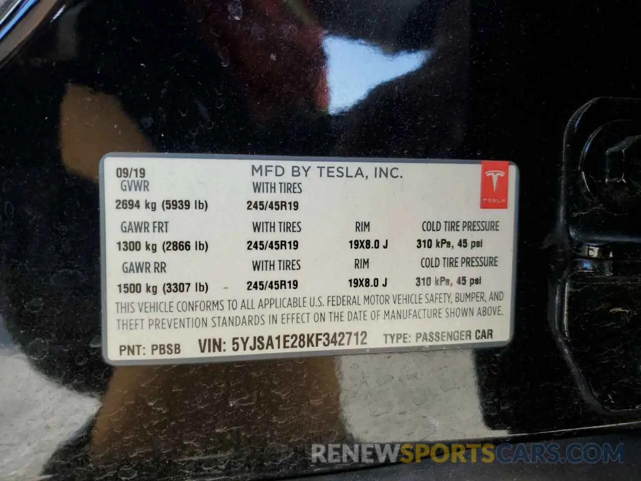 12 Photograph of a damaged car 5YJSA1E28KF342712 TESLA MODEL S 2019