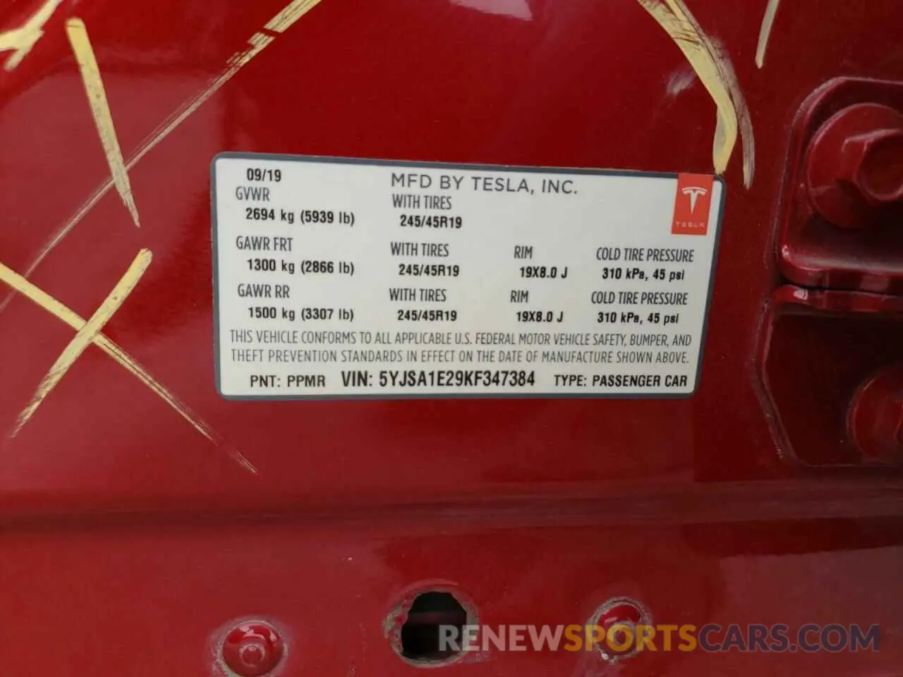 12 Photograph of a damaged car 5YJSA1E29KF347384 TESLA MODEL S 2019
