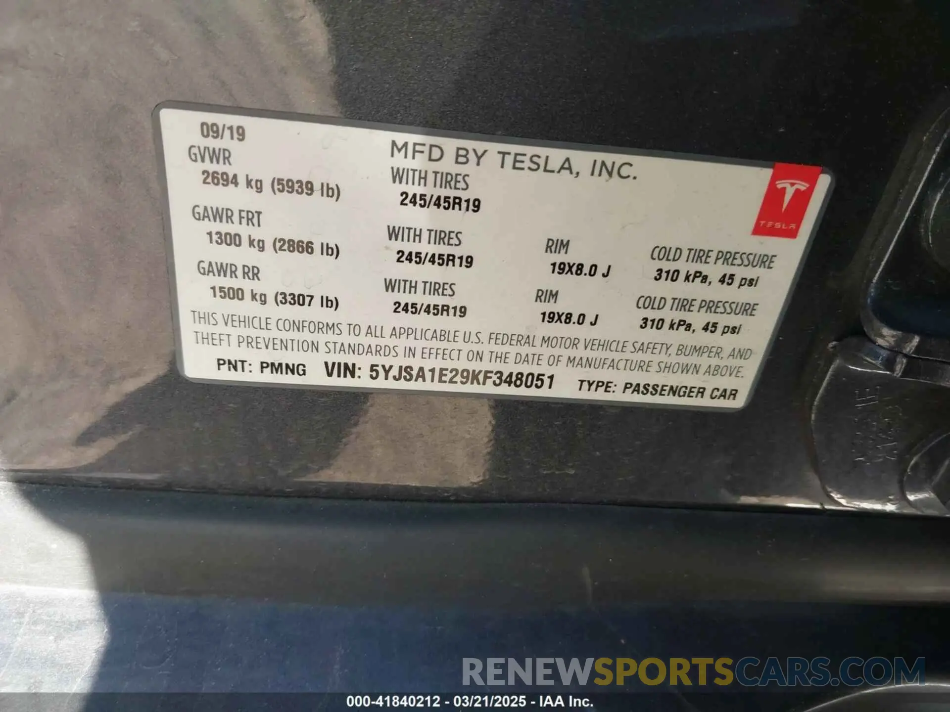 9 Photograph of a damaged car 5YJSA1E29KF348051 TESLA MODEL S 2019