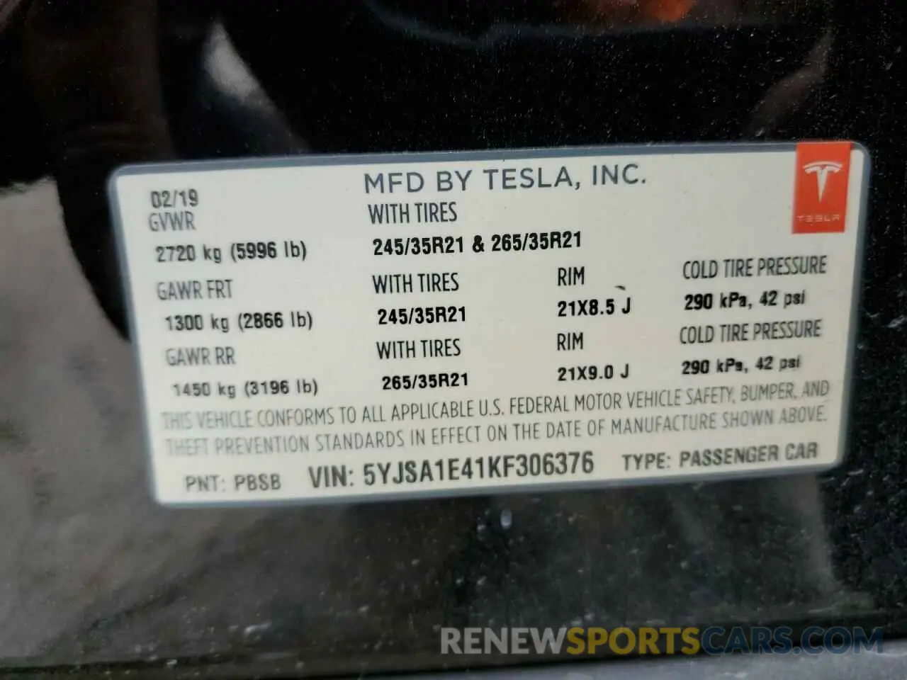 12 Photograph of a damaged car 5YJSA1E41KF306376 TESLA MODEL S 2019