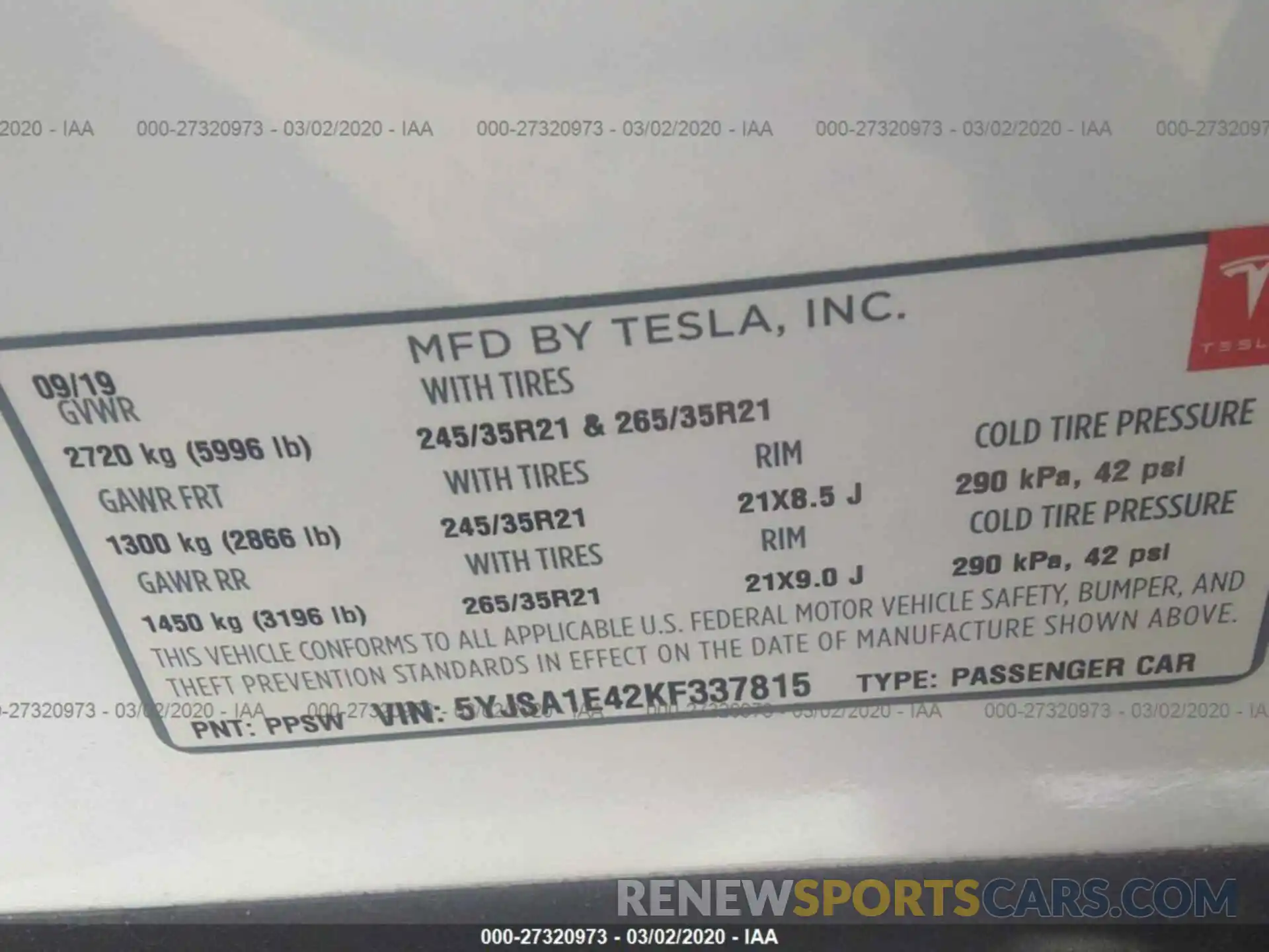 9 Photograph of a damaged car 5YJSA1E42KF337815 TESLA MODEL S 2019