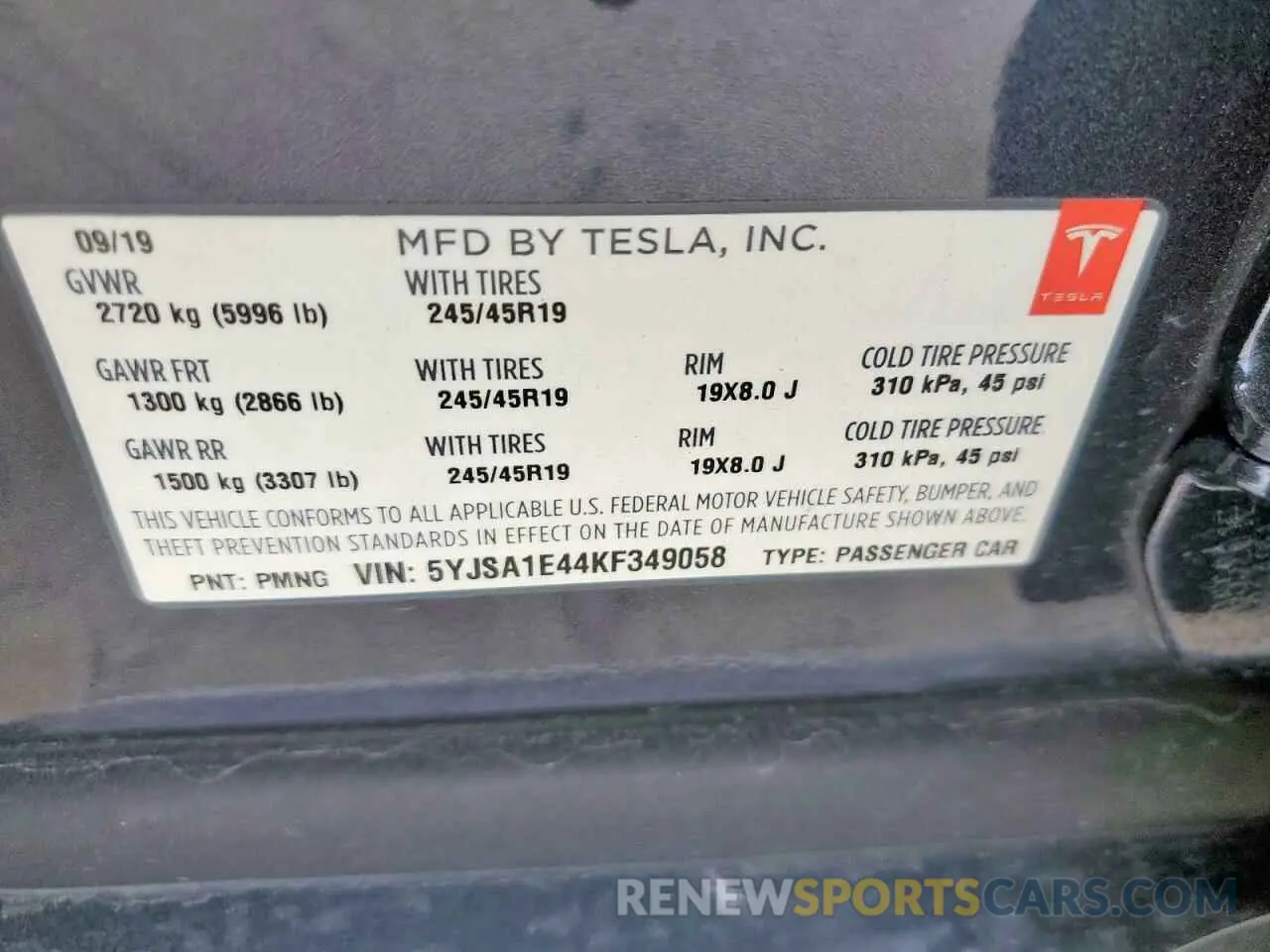 12 Photograph of a damaged car 5YJSA1E44KF349058 TESLA MODEL S 2019