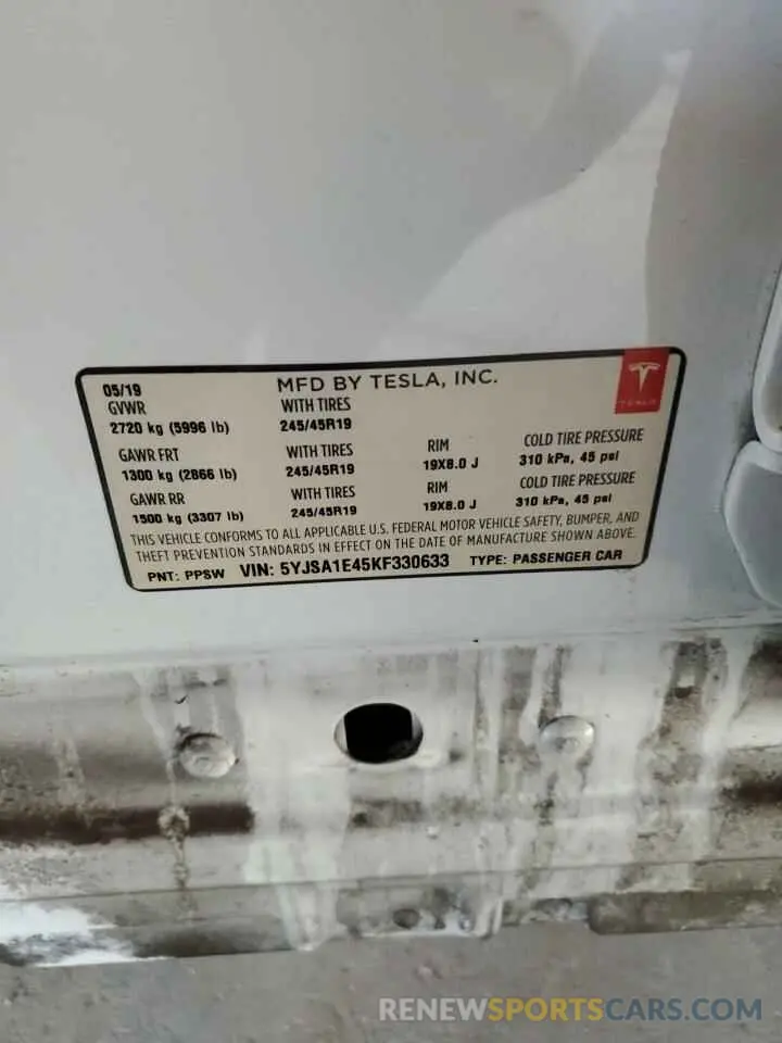 13 Photograph of a damaged car 5YJSA1E45KF330633 TESLA MODEL S 2019