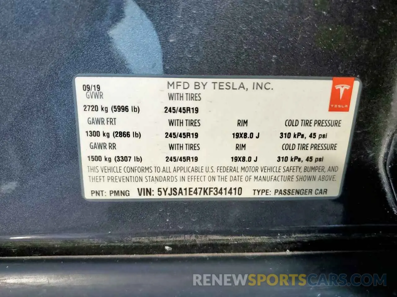 13 Photograph of a damaged car 5YJSA1E47KF341410 TESLA MODEL S 2019