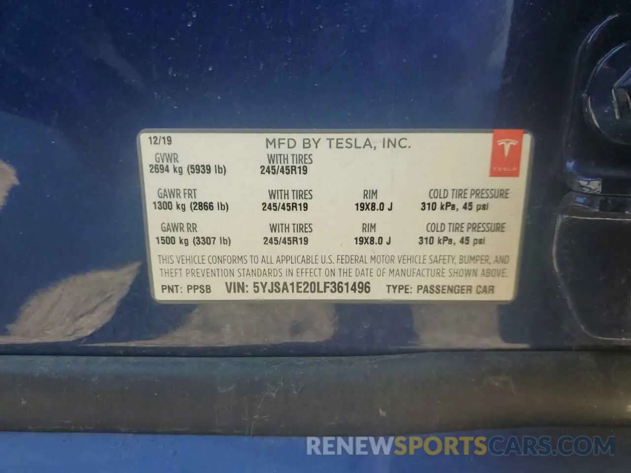 12 Photograph of a damaged car 5YJSA1E20LF361496 TESLA MODEL S 2020