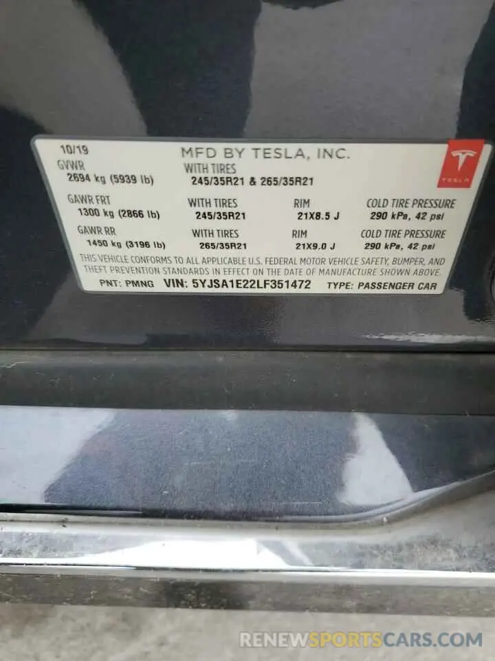 12 Photograph of a damaged car 5YJSA1E22LF351472 TESLA MODEL S 2020