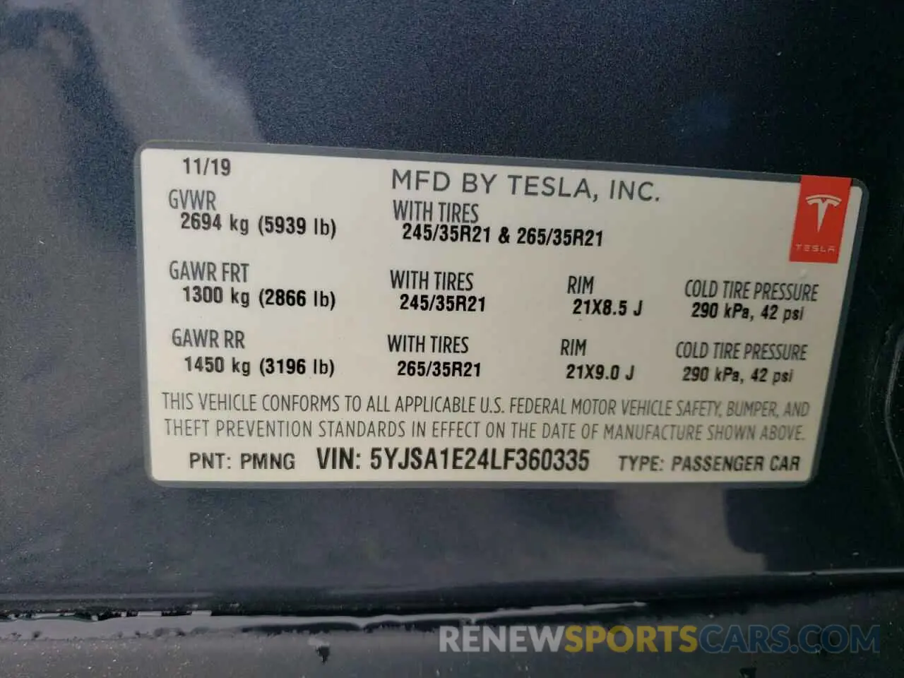 12 Photograph of a damaged car 5YJSA1E24LF360335 TESLA MODEL S 2020