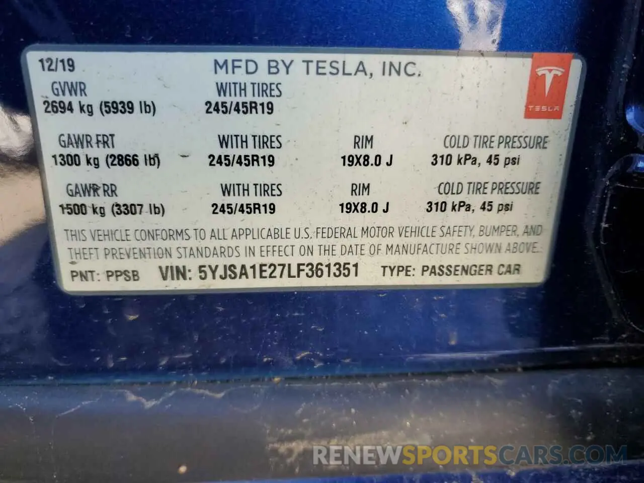 13 Photograph of a damaged car 5YJSA1E27LF361351 TESLA MODEL S 2020