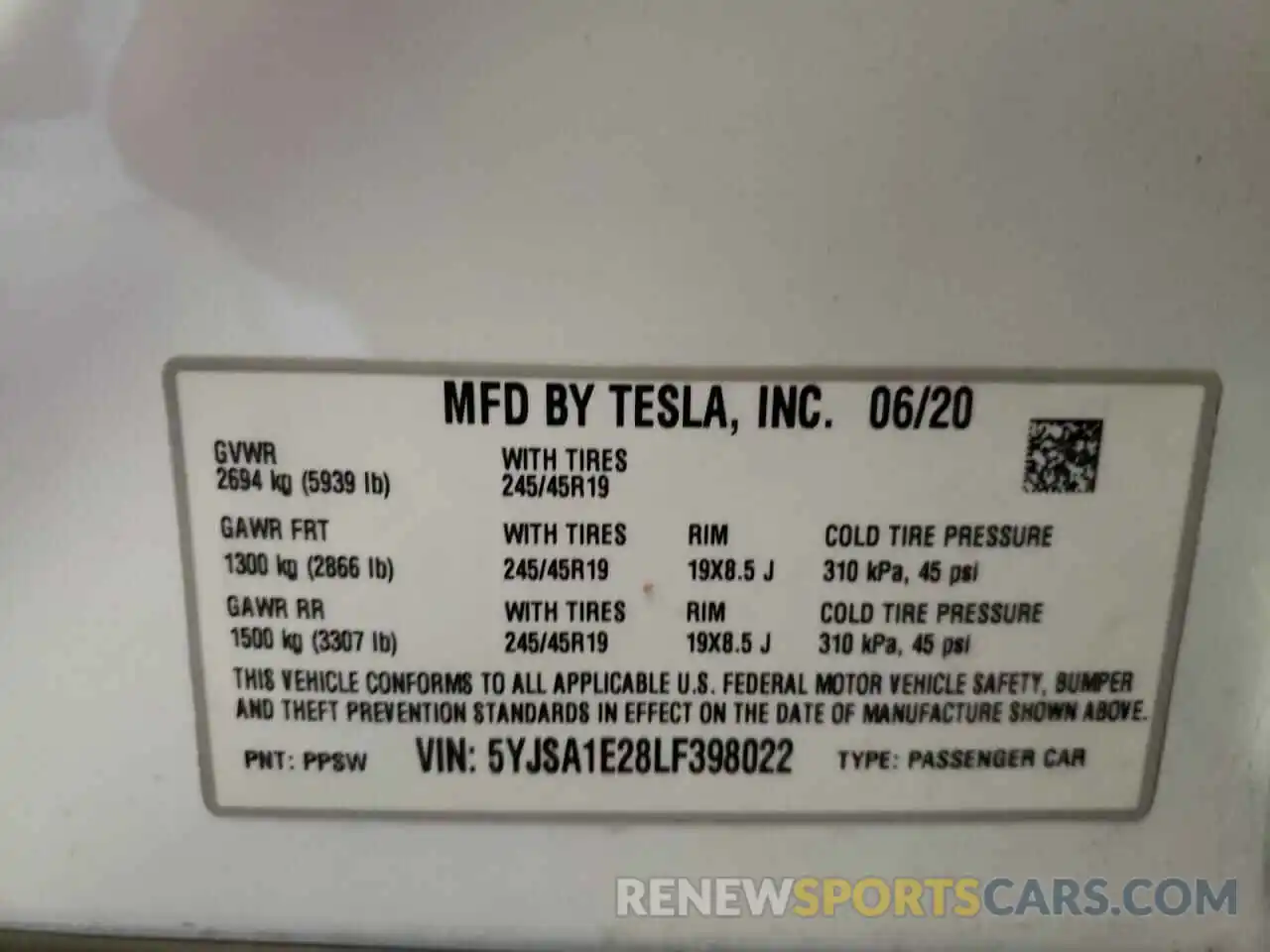 10 Photograph of a damaged car 5YJSA1E28LF398022 TESLA MODEL S 2020