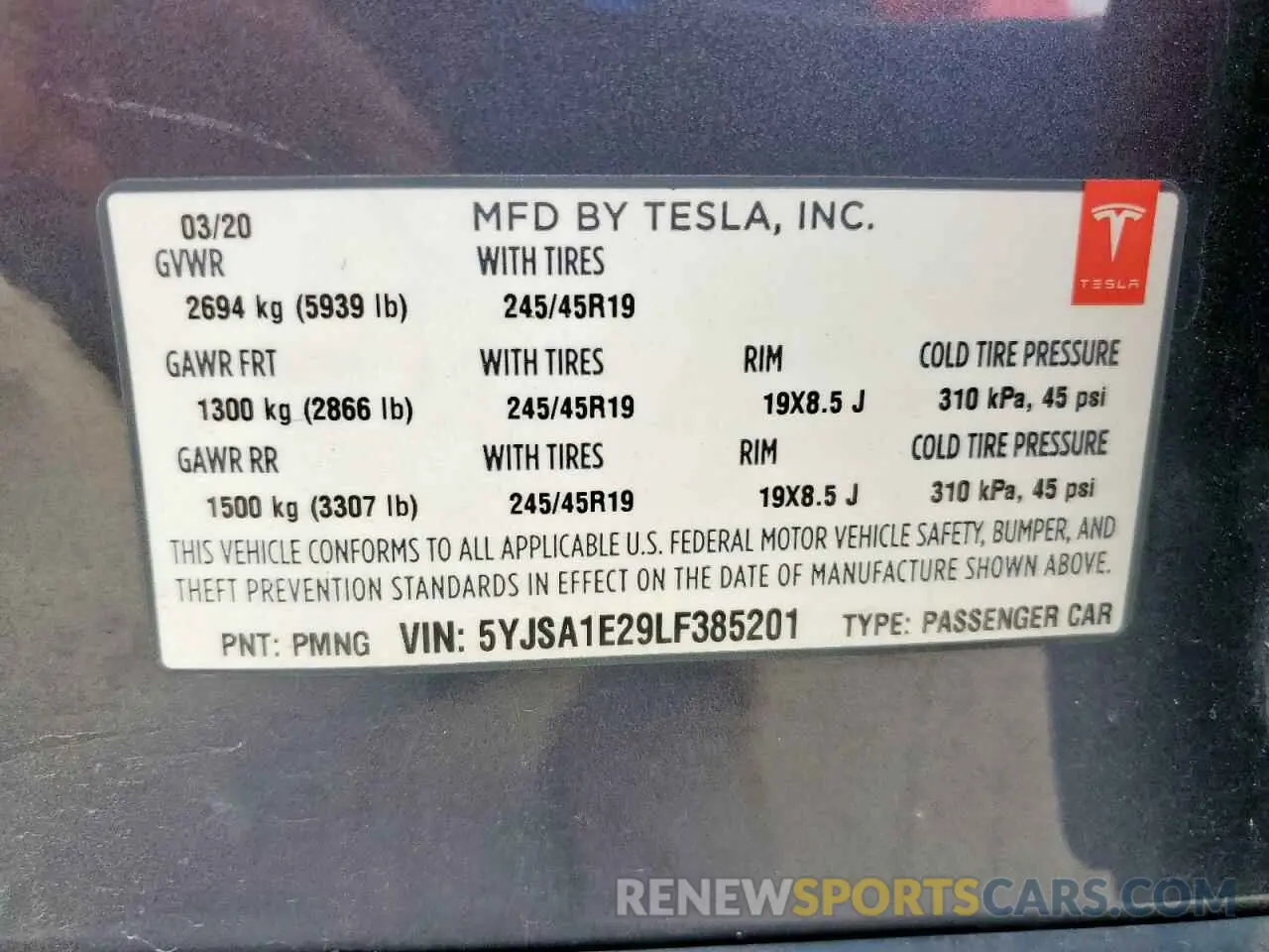 12 Photograph of a damaged car 5YJSA1E29LF385201 TESLA MODEL S 2020