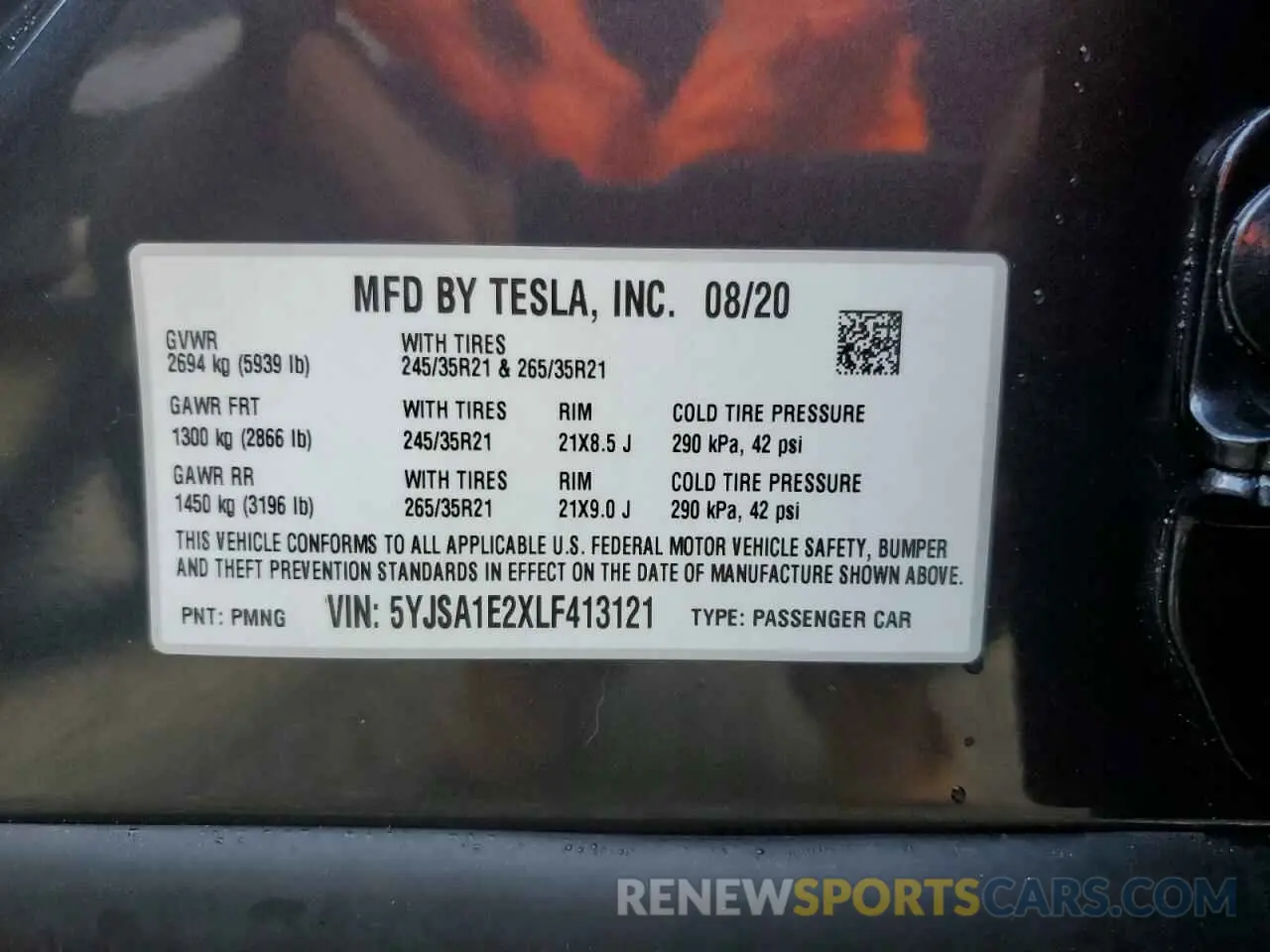 13 Photograph of a damaged car 5YJSA1E2XLF413121 TESLA MODEL S 2020