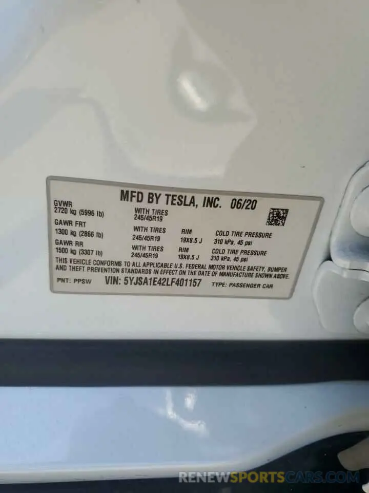 12 Photograph of a damaged car 5YJSA1E42LF401157 TESLA MODEL S 2020