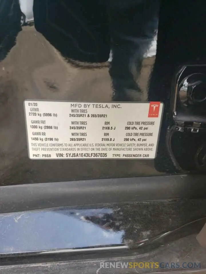 13 Photograph of a damaged car 5YJSA1E43LF367035 TESLA MODEL S 2020