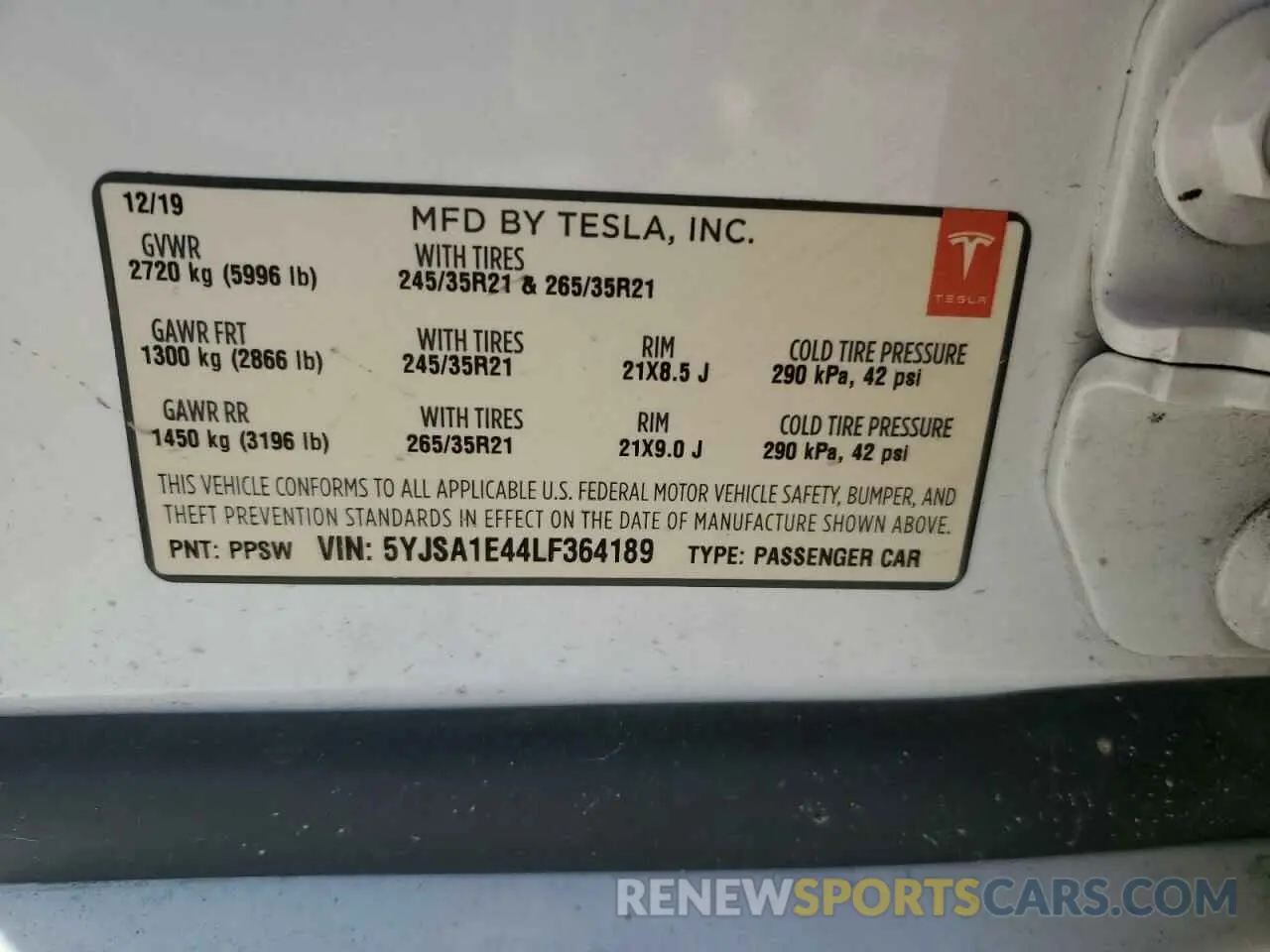 12 Photograph of a damaged car 5YJSA1E44LF364189 TESLA MODEL S 2020