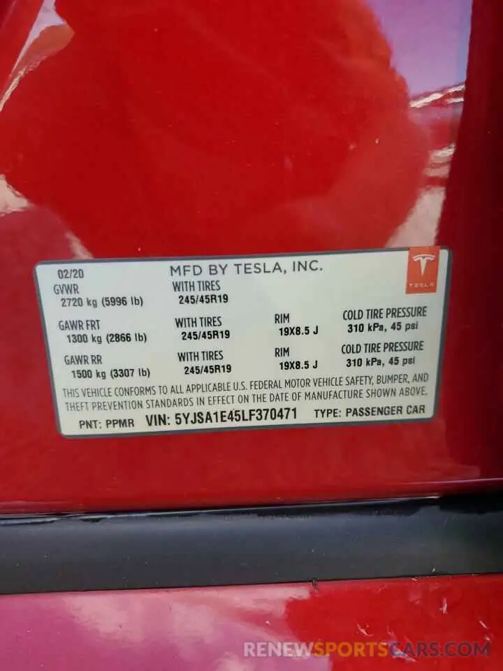 12 Photograph of a damaged car 5YJSA1E45LF370471 TESLA MODEL S 2020