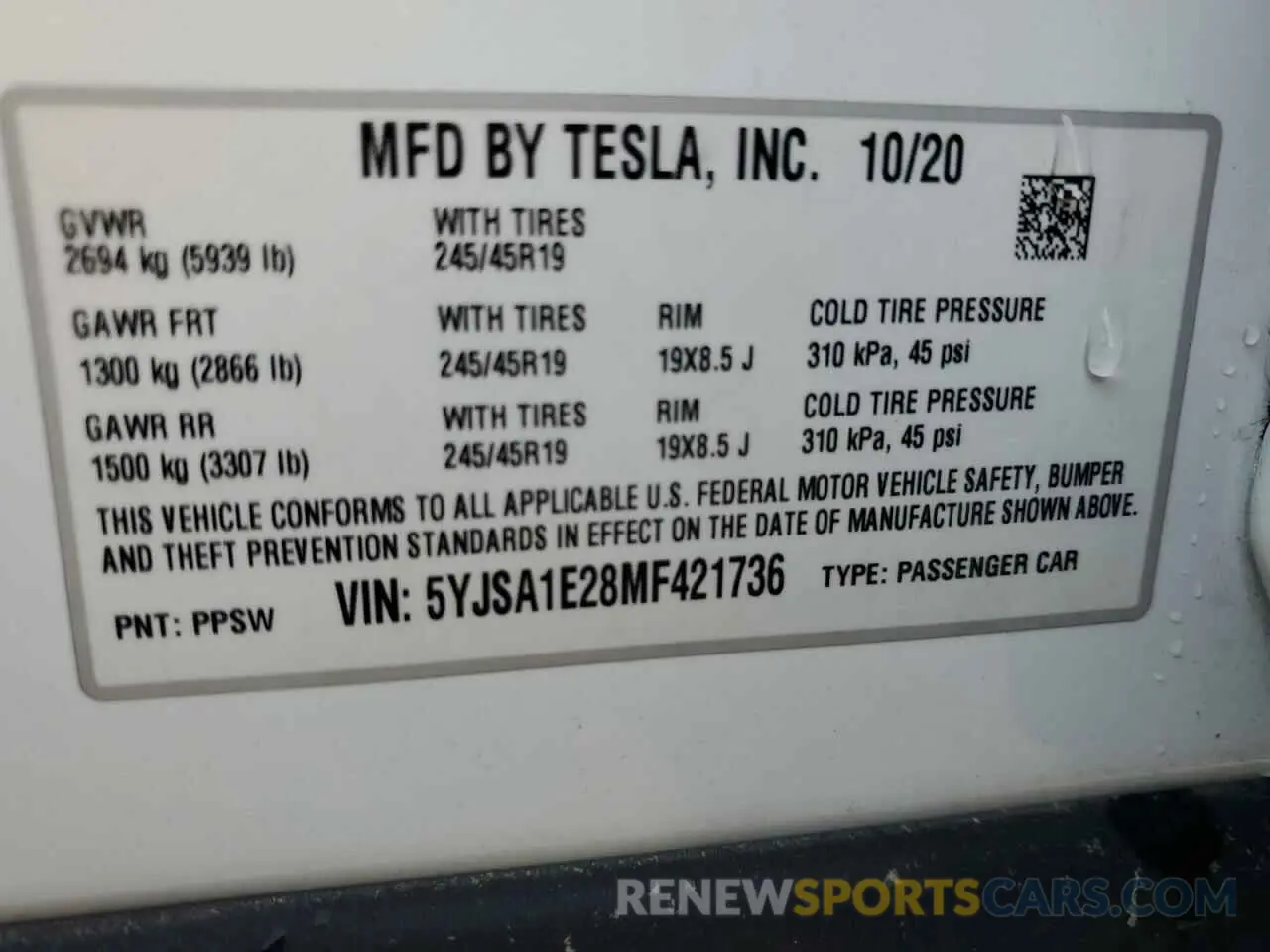 13 Photograph of a damaged car 5YJSA1E28MF421736 TESLA MODEL S 2021