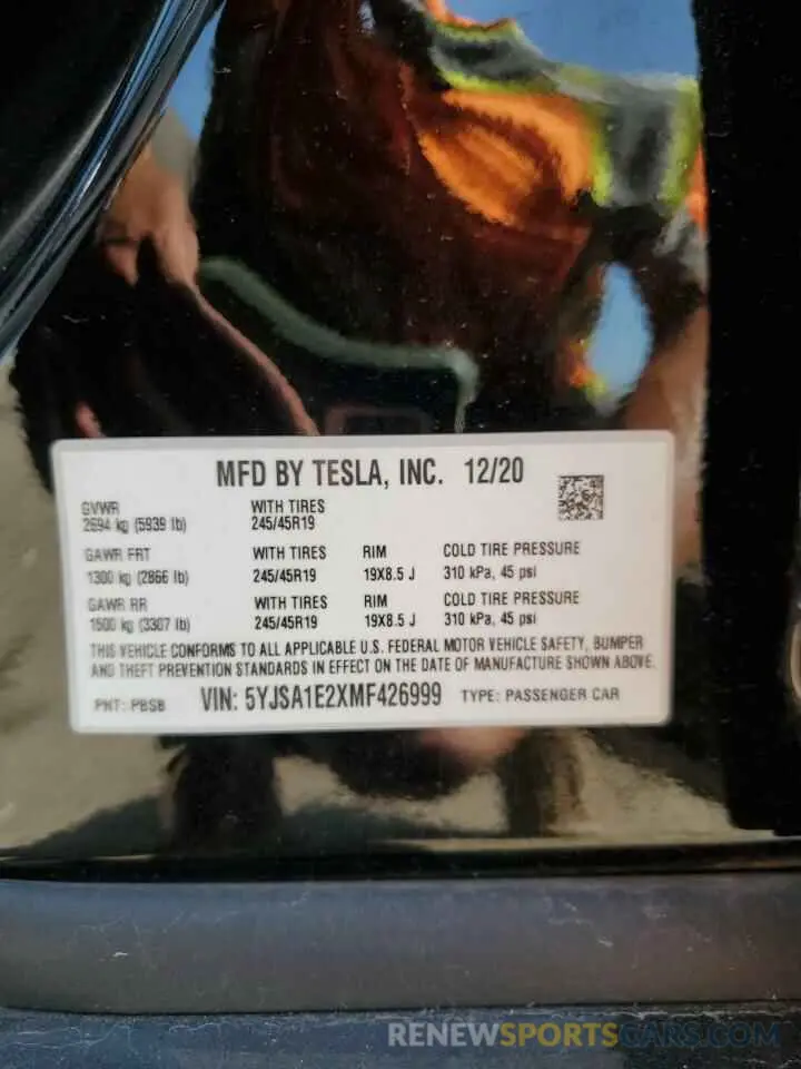 13 Photograph of a damaged car 5YJSA1E2XMF426999 TESLA MODEL S 2021
