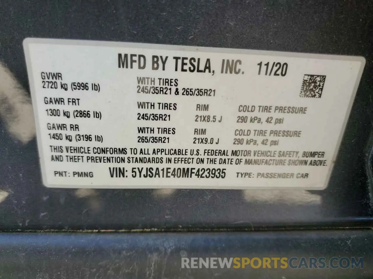 12 Photograph of a damaged car 5YJSA1E40MF423935 TESLA MODEL S 2021