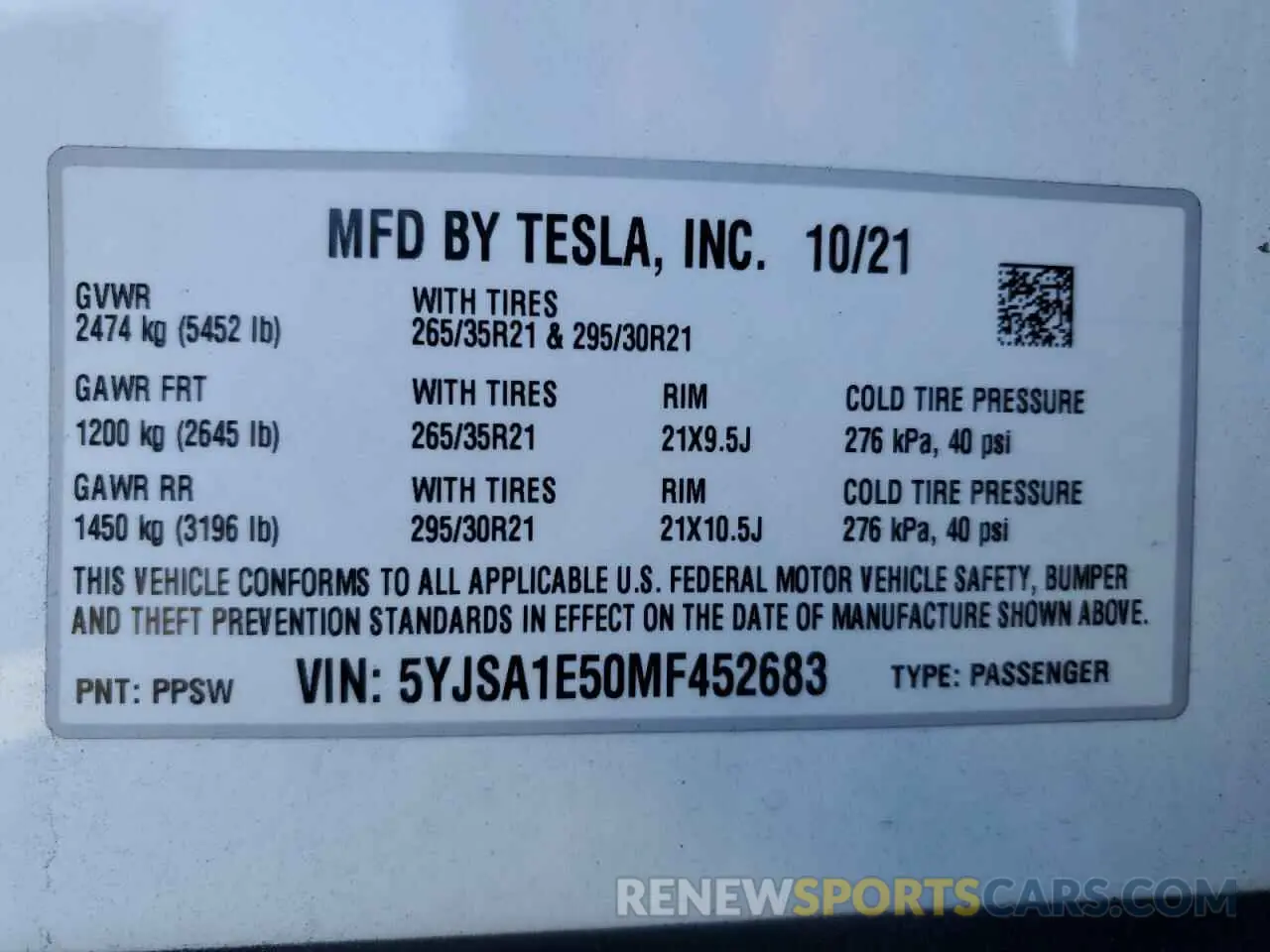 12 Photograph of a damaged car 5YJSA1E50MF452683 TESLA MODEL S 2021
