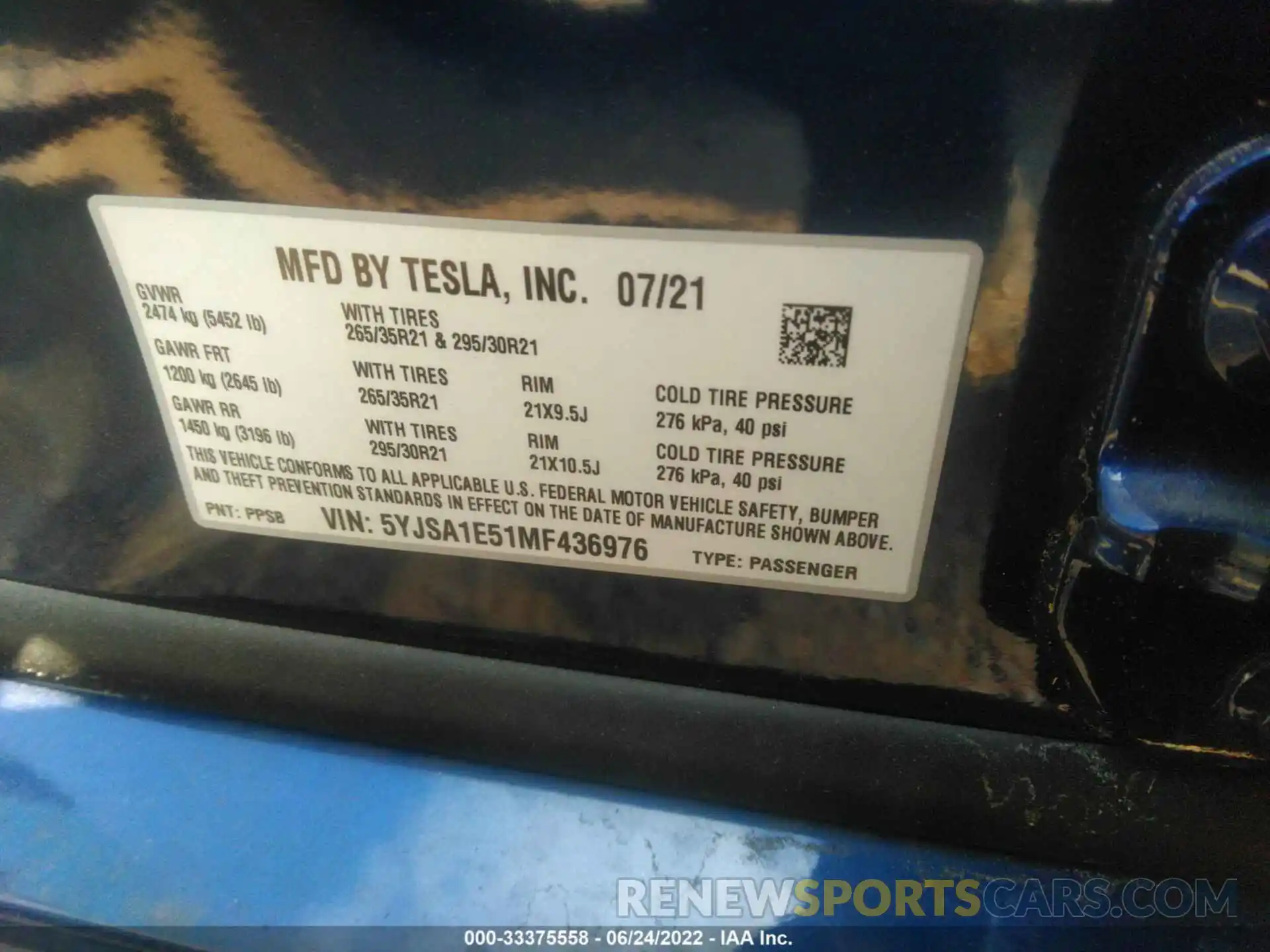 9 Photograph of a damaged car 5YJSA1E51MF436976 TESLA MODEL S 2021