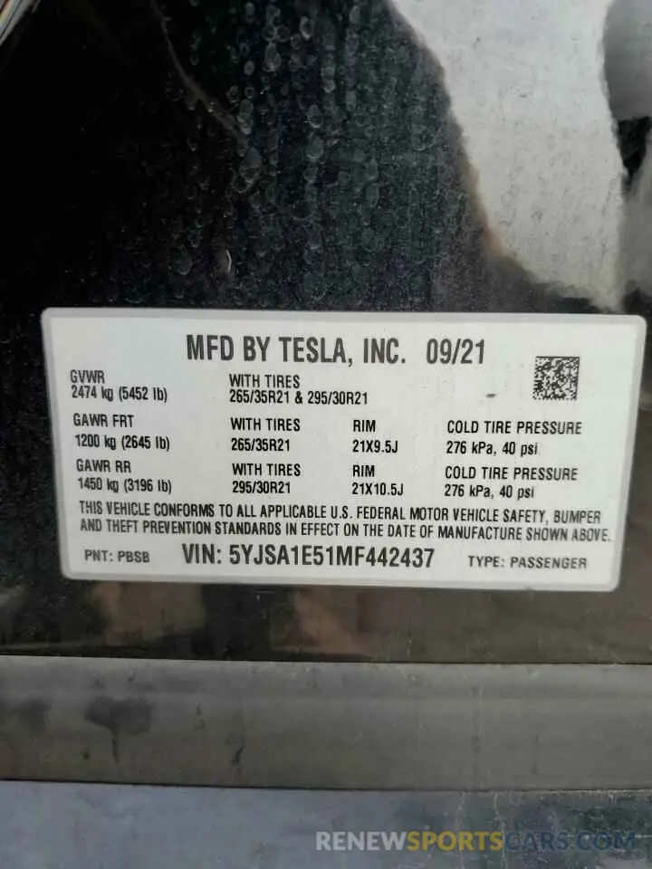 12 Photograph of a damaged car 5YJSA1E51MF442437 TESLA MODEL S 2021