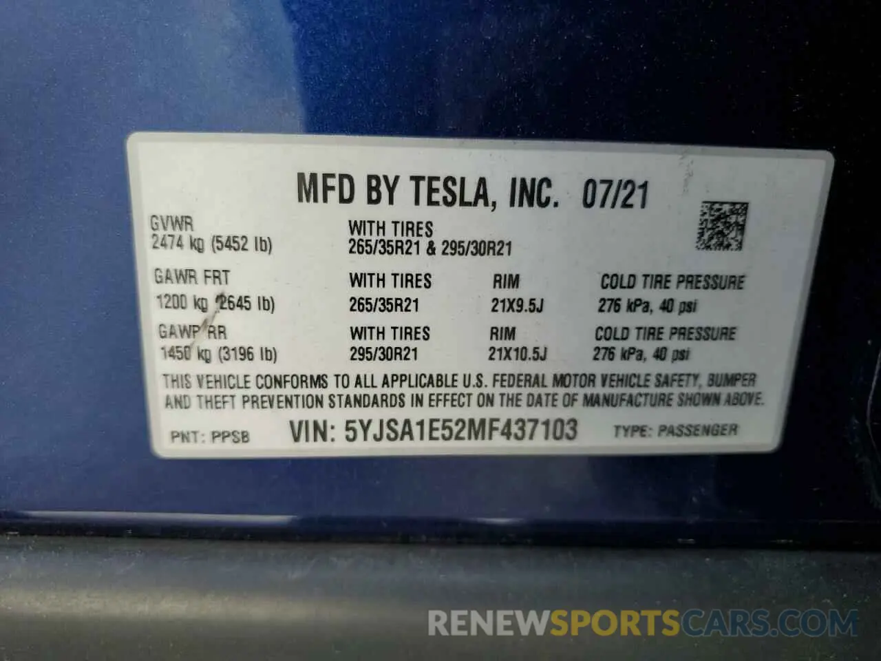 13 Photograph of a damaged car 5YJSA1E52MF437103 TESLA MODEL S 2021