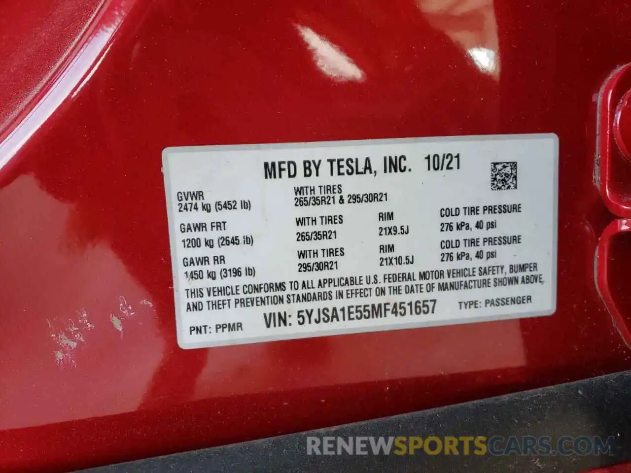 10 Photograph of a damaged car 5YJSA1E55MF451657 TESLA MODEL S 2021