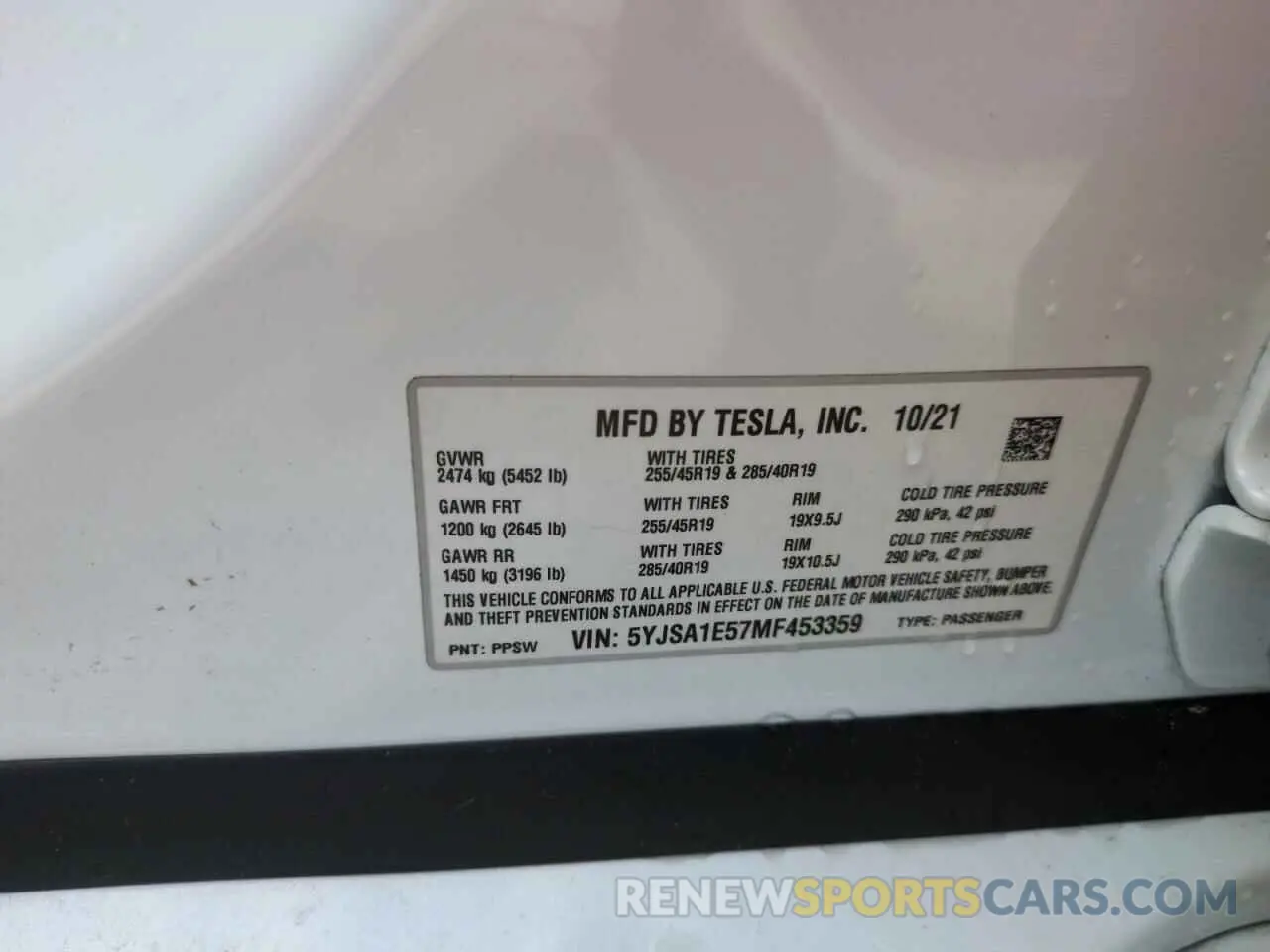 13 Photograph of a damaged car 5YJSA1E57MF453359 TESLA MODEL S 2021