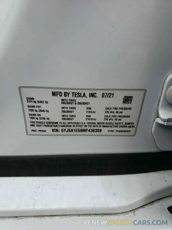 12 Photograph of a damaged car 5YJSA1E59MF438359 TESLA MODEL S 2021