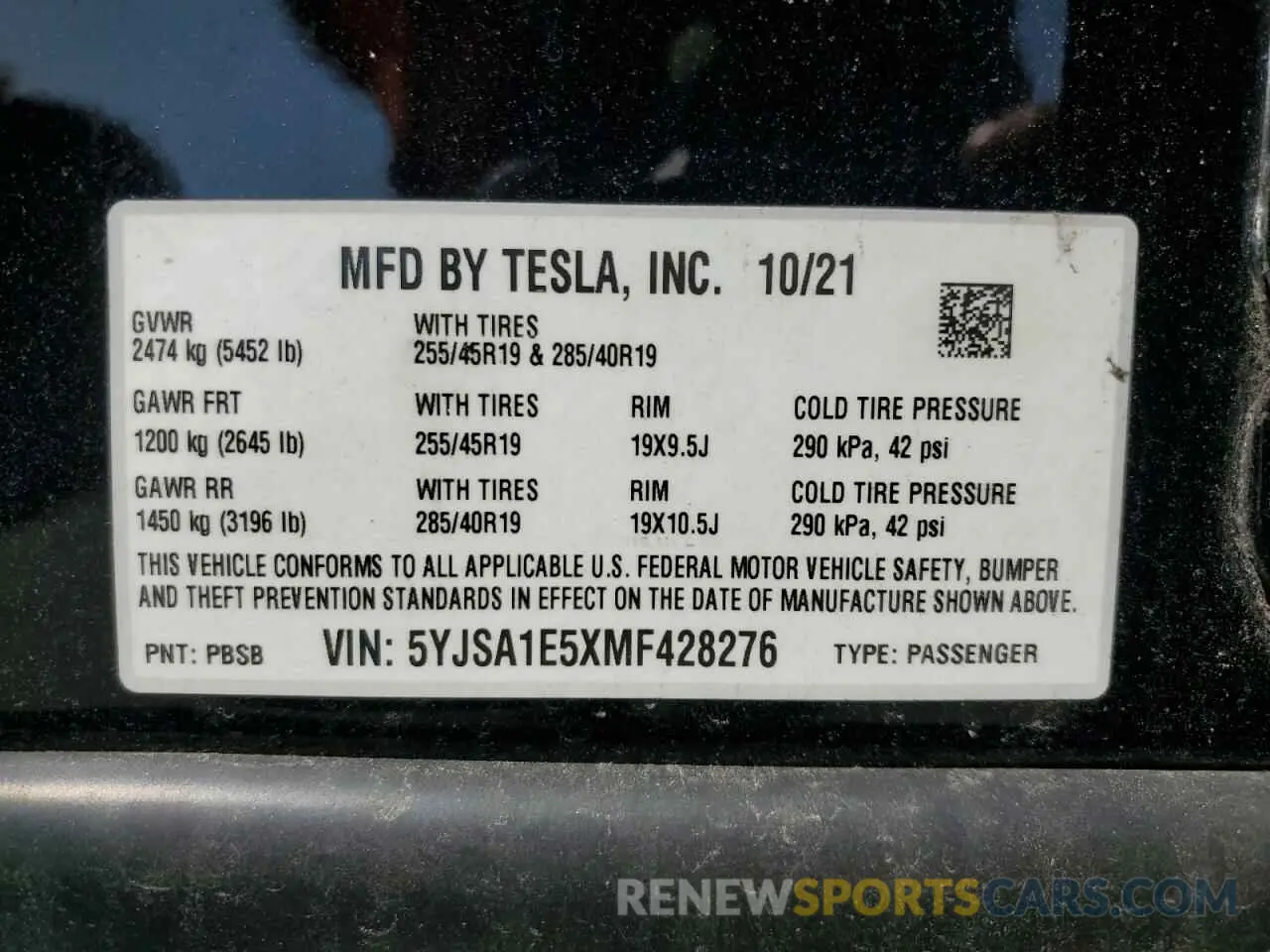 12 Photograph of a damaged car 5YJSA1E5XMF428276 TESLA MODEL S 2021